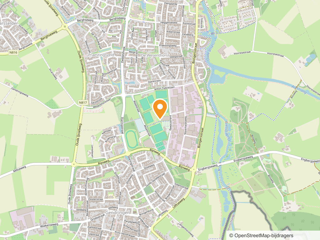 Kaart van het park tussen Gendringen en Ulft, met een oranje markering bij de sportvelden